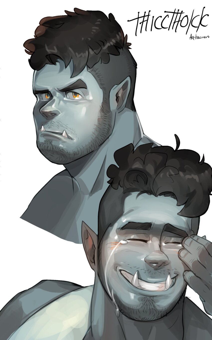 1boy bara beard_stubble black_hair blue_skin blush body_freckles chivo_(kalchivo) colored_skin commission cropped_shoulders facial_hair facing_viewer freckles frown grin happy_tears highres looking_at_viewer looking_to_the_side male_focus mature_male monster_boy multiple_views mustache_stubble orc original pointy_ears raised_eyebrow second-party_source short_hair smile stubble tears thicc_thokk_(jpsr388) thick_eyebrows thick_neck tusks undercut white_background wiping_tears