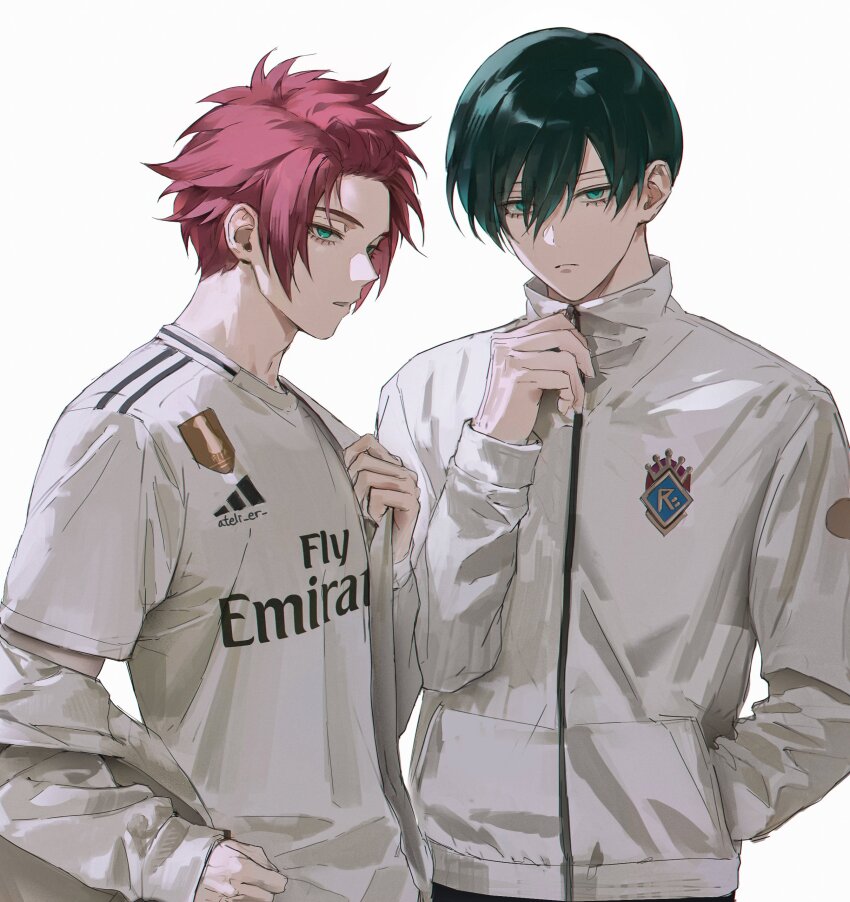 2boys absurdres adidas adjusting_clothes aqua_eyes artist_name ateli_er blue_lock brothers closed_mouth collared_jacket commentary_request green_hair hair_between_eyes hand_in_pocket hand_up highres itoshi_rin itoshi_sae jacket korean_commentary layered_sleeves long_sleeves looking_at_viewer multiple_boys off_shoulder parted_lips print_shirt red_hair shirt short_hair short_over_long_sleeves short_sleeves siblings sportswear upper_body white_background white_sleeves zipper_pull_tab