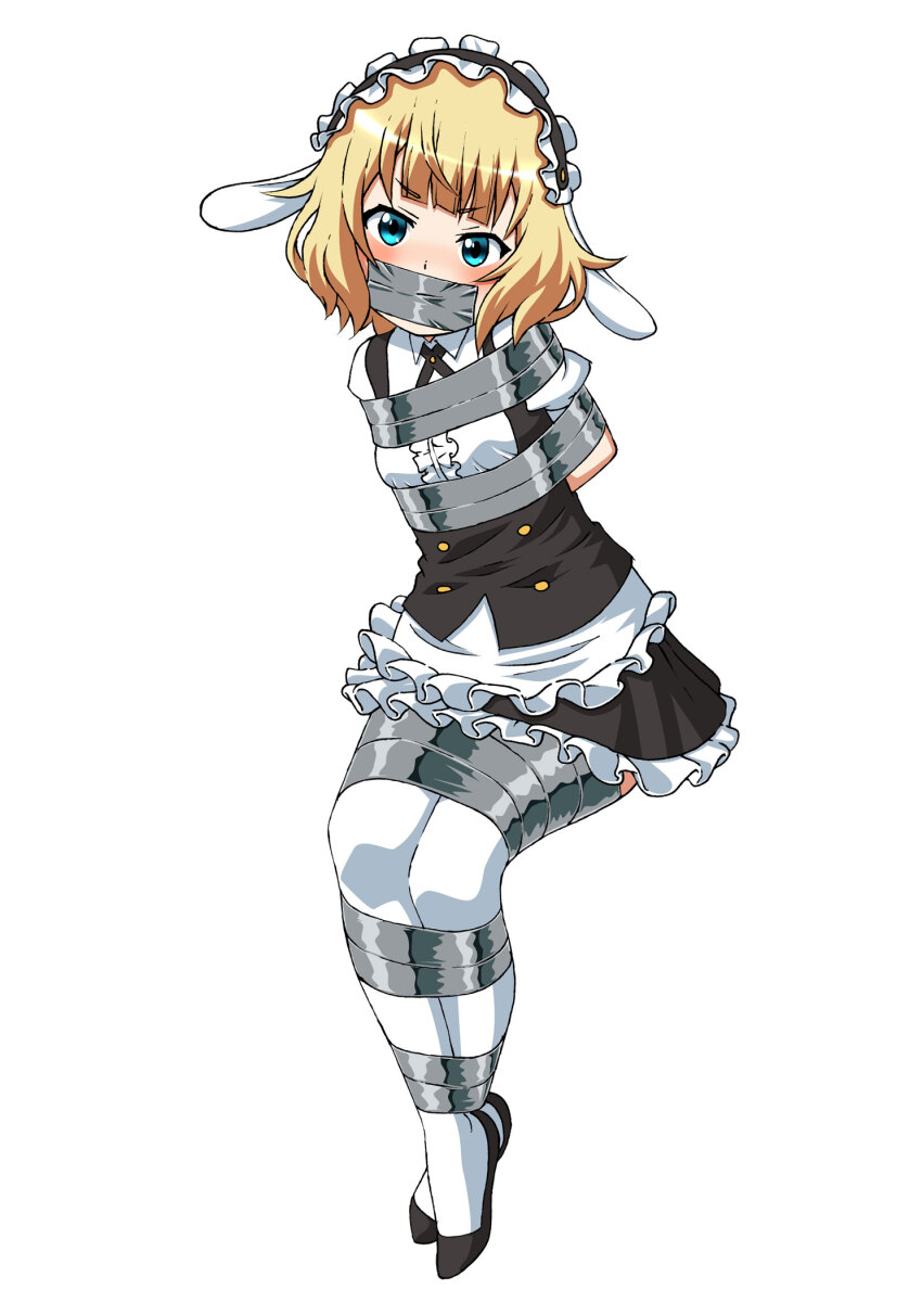 1girl apron arms_behind_back bdsm blonde_hair blue_eyes blush bondage bound bound_ankles bound_arms bound_legs bound_torso breast_bondage daikinbakuju fleur_de_lapin_uniform gag gagged gochuumon_wa_usagi_desu_ka? highres improvised_gag kirima_syaro looking_at_viewer maid maid_apron maid_headdress skirt tape tape_bondage tape_gag