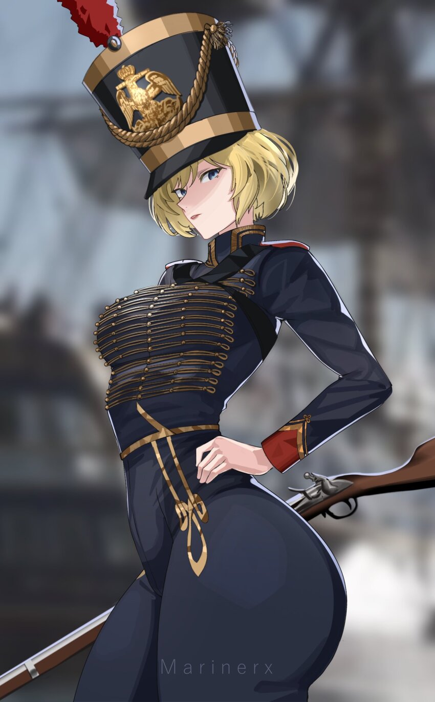 1girl antique_firearm artist_name black_hat blonde_hair blue_eyes breasts closed_mouth firearm firelock flintlock french_army gun hat highres looking_at_viewer marinerx military military_uniform musket napoleonic_wars original shako_cap short_hair sleeve_cuffs weapon
