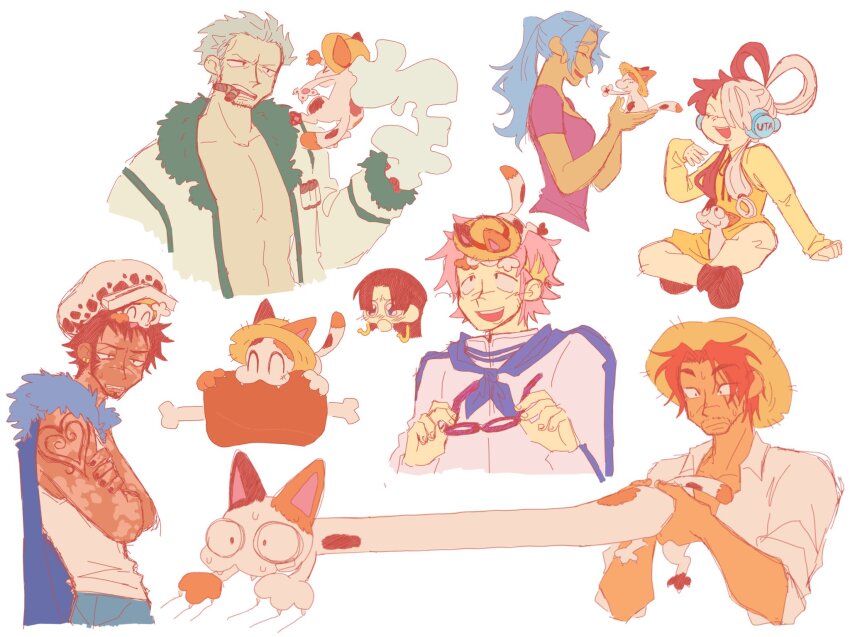 3girls 4boys animal arm_tattoo blue_hair blue_neckerchief boa_hancock cat cigar dress facial_hair food goatee hat headphones highres holding holding_removed_eyewear koby_(one_piece) meat meatkuuu monkey_d._luffy multicolored_hair multiple_boys multiple_girls neckerchief nefertari_vivi on_head one_piece one_piece_film:_red ponytail red_hair shanks_(one_piece) shirt simple_background smoker_(one_piece) straw_hat t-shirt tattoo trafalgar_law two-tone_hair unworn_eyewear uta_(one_piece) white_background white_hair yellow_dress