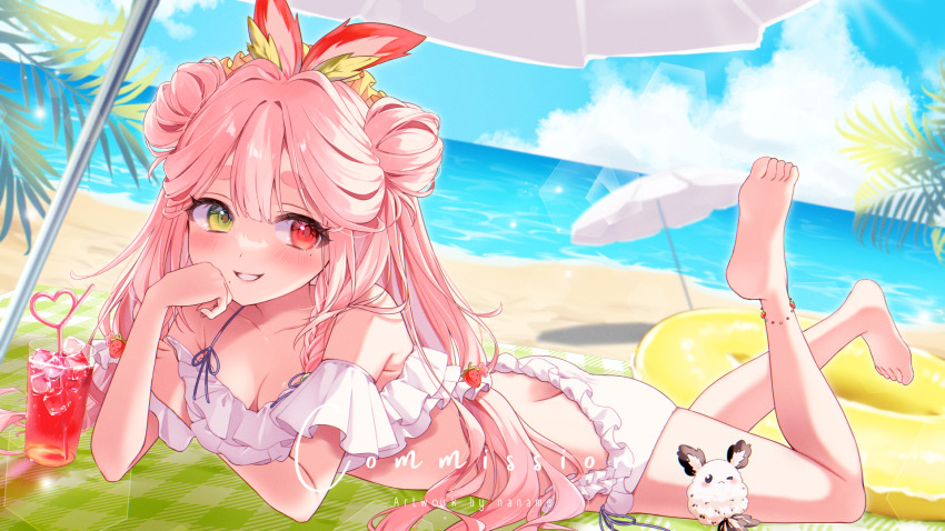 1girl artist_name barefoot beach beach_umbrella bikini breasts cleavage cloud collarbone commission crazy_straw cup double_bun drinking_glass drinking_straw food frilled_bikini frills fruit hair_bun heart_straw heterochromia highres innertube long_hair mole mole_under_eye mole_under_mouth naname580 ocean palm_leaf pink_hair red_eyes sky smile stellarversepro strawberry swim_ring swimsuit umbrella usachi_yui virtual_youtuber white_bikini yellow_eyes yellow_innertube