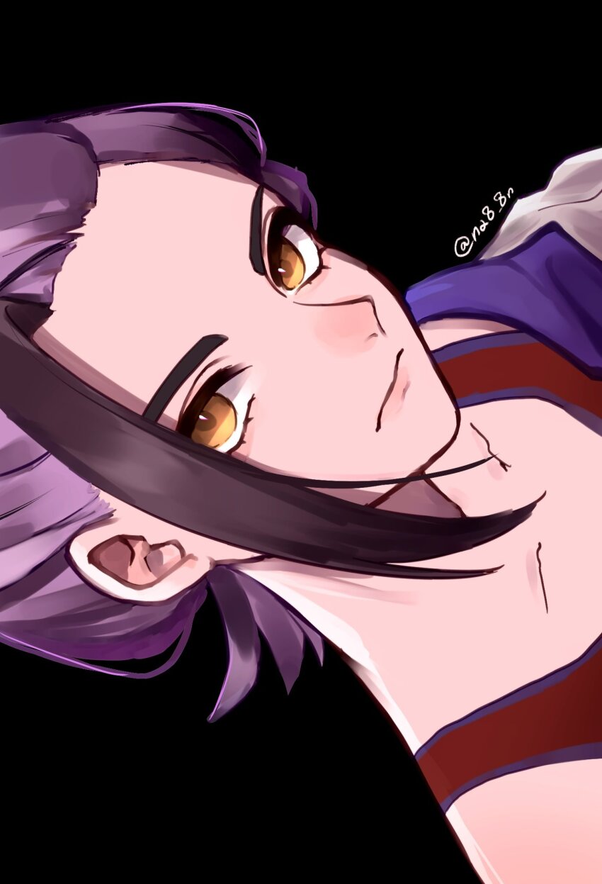 1boy black_background closed_mouth collarbone commentary_request highres jacket kieran_(pokemon) loose_hair_strand male_focus multicolored_hair na8_8n nintendo pokemon pokemon_sv purple_hair red_shirt shirt simple_background sleeveless sleeveless_shirt solo twitter_username two-tone_hair upper_body yellow_eyes