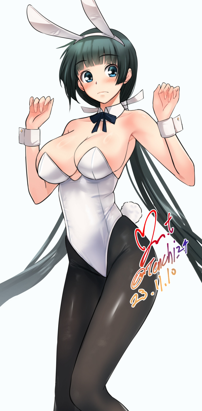 1girl animal_ears black_bow black_bowtie black_hair black_pantyhose blue_eyes blunt_bangs bow bowtie breasts dated detached_collar fake_animal_ears feet_out_of_frame highres large_breasts leotard long_hair low_twintails maji_de_watashi_ni_koi_shinasai! mayuzumi_yukie pantyhose playboy_bunny rabbit_ears rabbit_tail ribbon signature simple_background solo standing strapless strapless_leotard tail twintails twitter_username white_background white_leotard white_ribbon wrist_cuffs yoo_tenchi