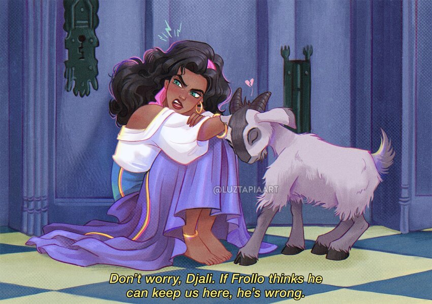 1girl artist_name barefoot black_hair bracelet clothing_cutout dark-skinned_female dark_skin djali_(disney) earrings english_text esmeralda_(disney) goat gold_anklet gold_bracelet gold_earrings green_eyes hoop_earrings indoors jewelry long_hair looking_to_the_side luztapiaart purple_skirt shirt shoulder_cutout sitting skirt subtitled the_hunchback_of_notre_dame_(disney) watermark white_shirt