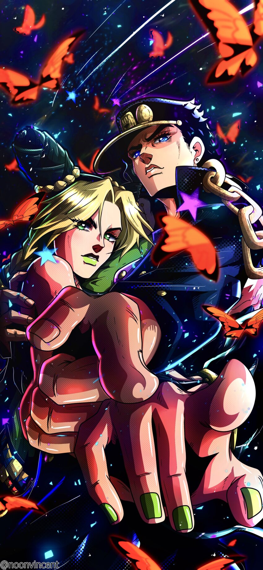 1boy 1girl absurdres black_coat black_hair black_hat blonde_hair blue_eyes braid bug butterfly chain coat commentary double_bun earrings english_commentary father_and_daughter foreshortening gakuran green_eyes green_hair green_lips green_nails hair_bun hat high_collar highres hug insect jewelry jojo_no_kimyou_na_bouken kuujou_jolyne kuujou_joutarou long_coat looking_at_viewer makeup multicolored_hair noonvincent orange_butterfly parted_bangs parted_lips peaked_cap pointing pointing_at_viewer school_uniform shooting_star sky star_(sky) star_(symbol) stardust_crusaders starry_sky stone_ocean stud_earrings teeth time_paradox twitter_username two-tone_hair