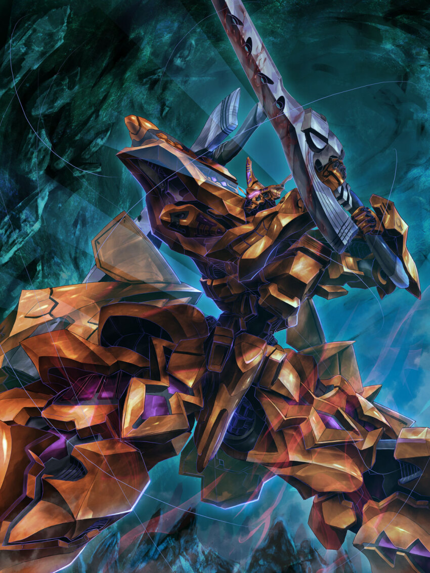 assault_visor cave chinese_commentary commission highres holding holding_sword holding_weapon mecha muv-luv muv-luv_alternative muv-luv_total_eclipse robot science_fiction skeb_commission solo sword tactical_surface_fighter type_00_takemikazuchi uungunover weapon