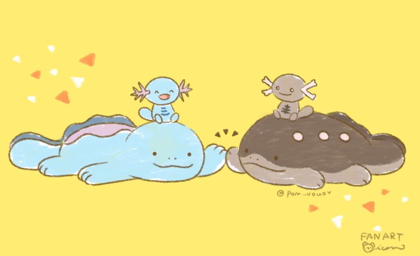 :d ^_^ black_eyes clodsire closed_eyes closed_mouth commentary_request game_freak gen_2_pokemon happy highres mian_(user_kwcj2833) nintendo no_humans notice_lines open_mouth paldean_wooper pokemon pokemon_(creature) quagsire signature sitting smile wooper yellow_background