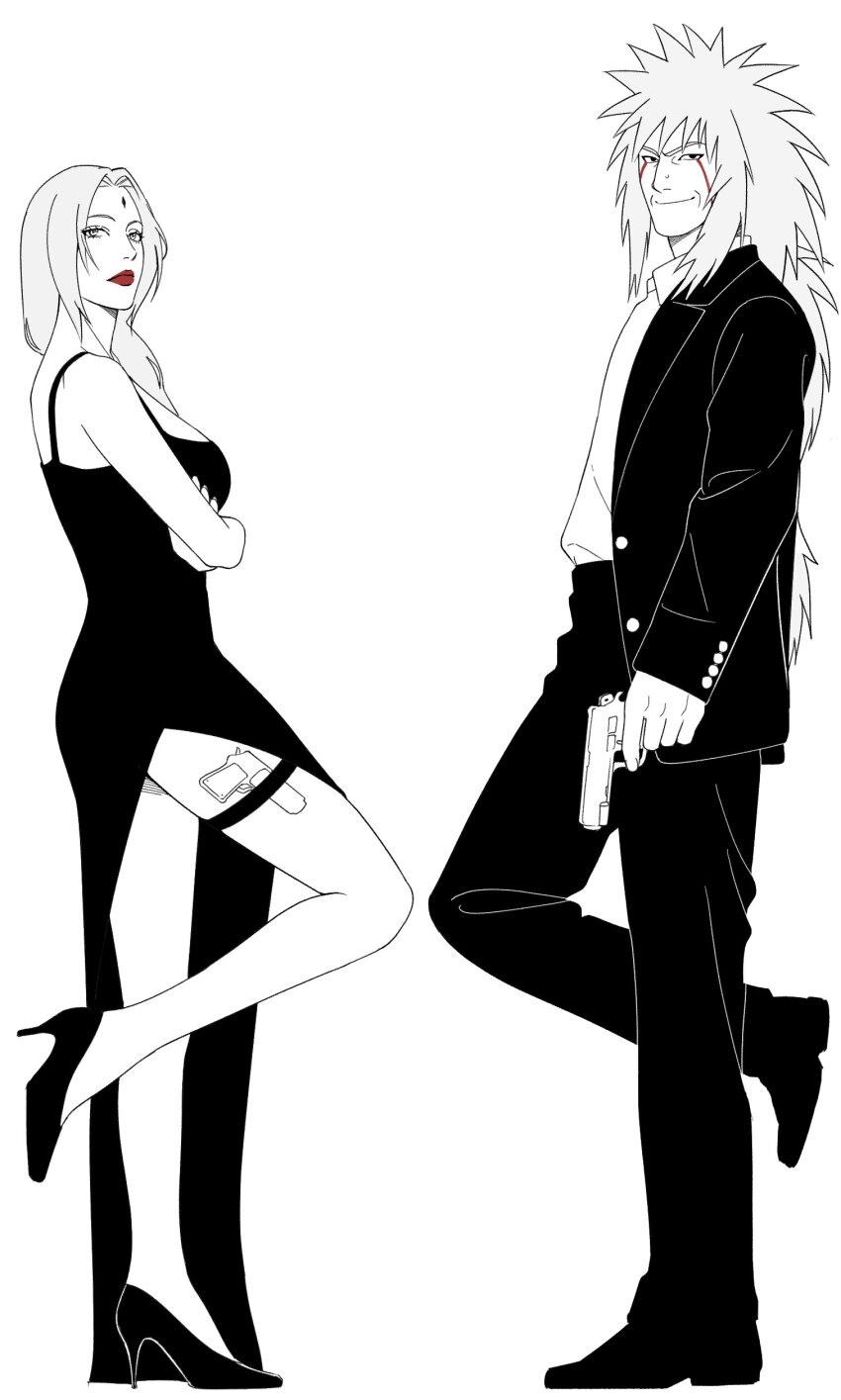 1boy 1girl absurdres couple dress formal_clothes gun highres holding holding_gun holding_weapon jiraiya_(naruto) kiryukazumaaa lipstick long_hair makeup movie_poster mr._and_mrs._smith naruto_(classic) naruto_(series) netorare simple_background suit tsunade_(naruto) weapon white_background