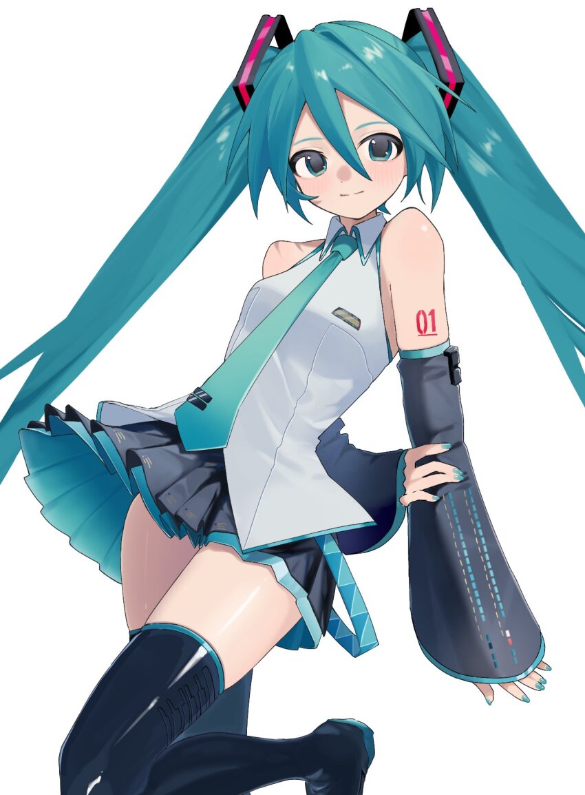 1girl aqua_eyes aqua_hair arm_behind_back bare_shoulders black_boots black_skirt blue_nails boots closed_mouth detached_sleeves foot_out_of_frame hair_between_eyes hair_ornament hatsune_miku highres koko_niiru leg_up light_blush light_smile long_hair looking_at_viewer necktie number_tattoo pleated_skirt simple_background skirt sleeveless solo standing standing_on_one_leg tattoo thigh_boots twintails vocaloid white_background