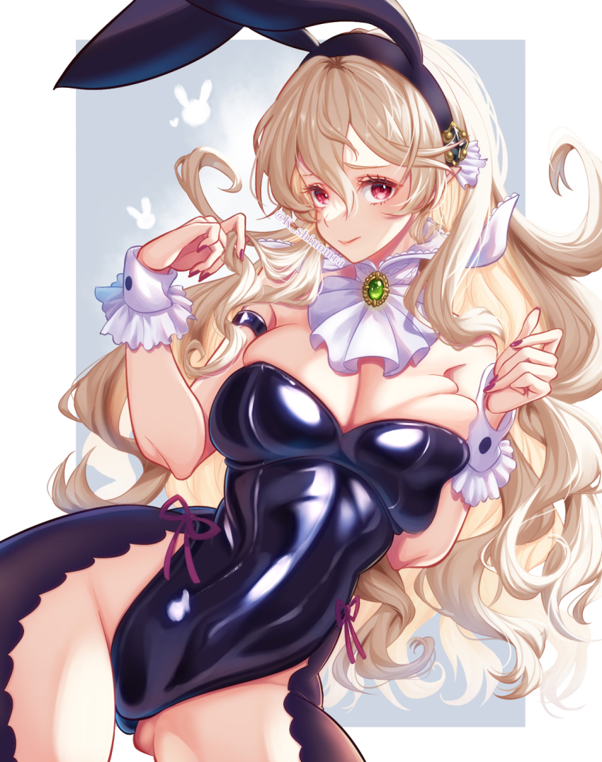 1girl animal_ear_headwear animal_ears artist_name bare_shoulders black_leotard blonde_hair breasts cleavage closed_mouth commentary_request corrin_(female)_(fire_emblem) detached_collar fake_animal_ears fire_emblem fire_emblem_fates frills gluteal_fold hair_between_eyes highres karashino large_breasts leotard long_hair nail_polish nintendo playboy_bunny pointy_ears rabbit_ears red_eyes red_nails signature solo strapless strapless_leotard wavy_hair wrist_cuffs