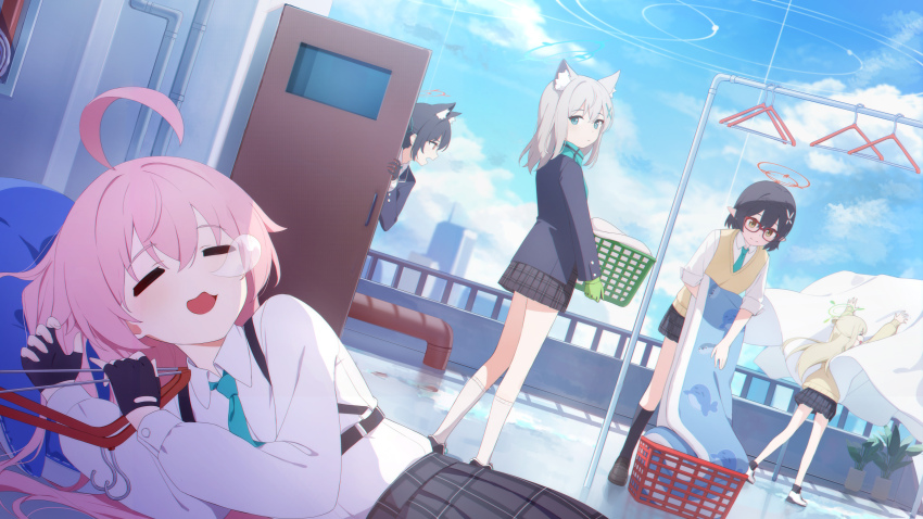 5girls absurdres ahoge animal_ear_fluff animal_ears aqua_necktie aqua_scarf arms_up ayane_(blue_archive) basket black_footwear black_gloves black_hair black_skirt black_socks blue_archive blue_eyes blue_halo blue_jacket blue_sky bright_pupils building cat_ears chest_harness chinese_commentary closed_eyes clothes_hanger cloud collared_shirt commentary cross cross_hair_ornament double-parted_bangs drainpipe drying drying_clothes flower flower_pot foreclosure_task_force_(blue_archive) from_behind from_side futon glasses gloves green_gloves green_halo grey_hair hair_flower hair_ornament hair_rings halo harness hiding highres holding holding_basket holding_clothes_hanger hoshino_(blue_archive) inverted_cross jacket laundry_basket laundry_pole light_brown_hair long_hair lying mismatched_pupils multiple_girls necktie nonomi_(blue_archive) nose_bubble on_rooftop open_door outdoors pillow pink_hair pink_halo plaid_clothes plaid_skirt pleated_skirt puddle railing red-framed_eyewear red_halo reflection reflective_water rooftop scarf serika_(blue_archive) shiroko_(blue_archive) shirt short_hair single_hair_ring skirt sky sleeping sleeves_rolled_up smile socks soeyumi sweater_vest wavy_mouth wet_floor white_footwear white_pupils white_shirt white_socks wolf_ears yellow_sweater_vest