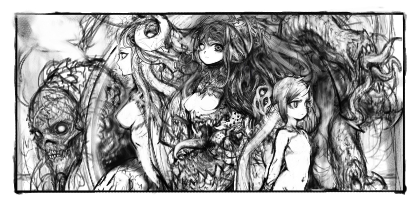 3girls border breasts closed_mouth curled_horns demon demon_girl expressionless greyscale heterochromia highres horns large_breasts long_hair long_tongue looking_ahead looking_at_viewer monochrome monster multiple_girls navel no_nipples original partially_blind pon_(tab_rasa) sharp_teeth short_hair sketch small_breasts stomach_mouth swept_bangs teeth tentacles tongue upper_body
