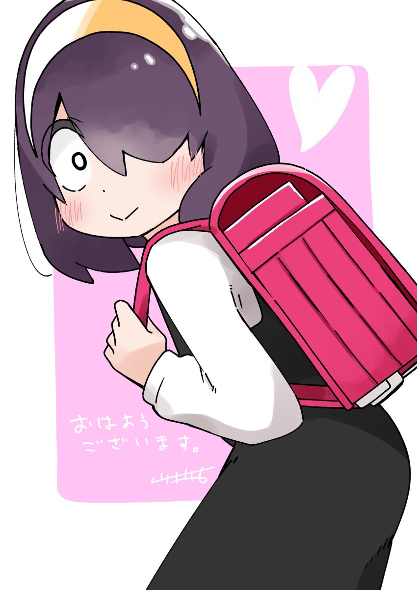 1girl :&gt; absurdres backpack bag black_dress blush closed_mouth dot_nose dress hair_over_one_eye hairband heart highres jijou_wo_shiranai_tenkousei_ga_guigui_kuru. kawamura_taku nishimura_akane pinafore_dress pink_bag purple_hair shirt sleeveless sleeveless_dress solo white_eyes white_shirt yellow_hairband