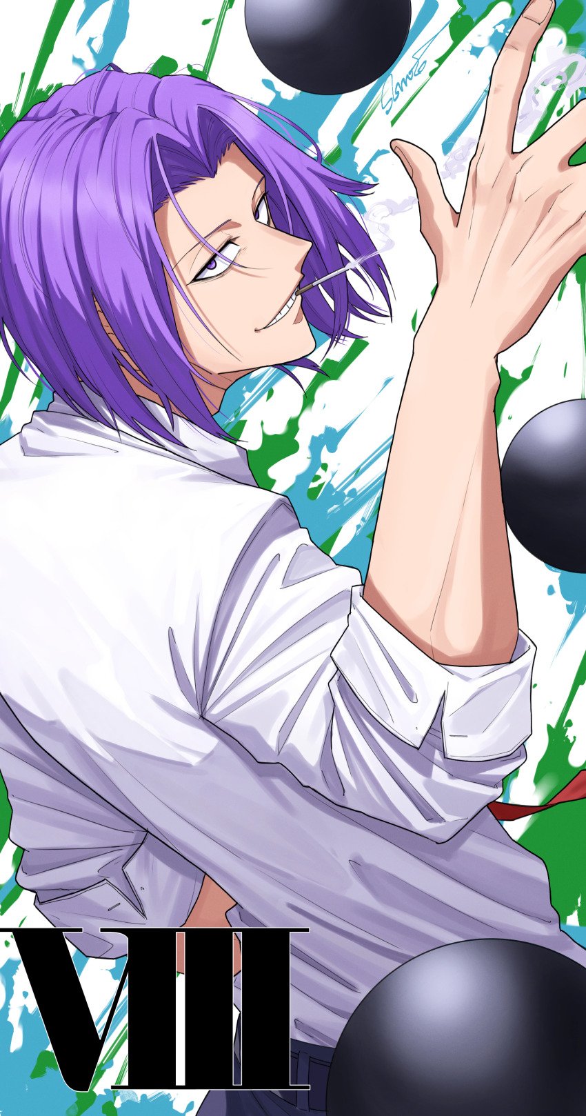1boy absurdres artist_name cigarette grin highres male_focus medium_hair mouth_hold necktie nico_vorgeil orb purple_eyes purple_hair red_necktie shirt shishiruto smile smoking solo teeth_hold undead_unluck white_shirt
