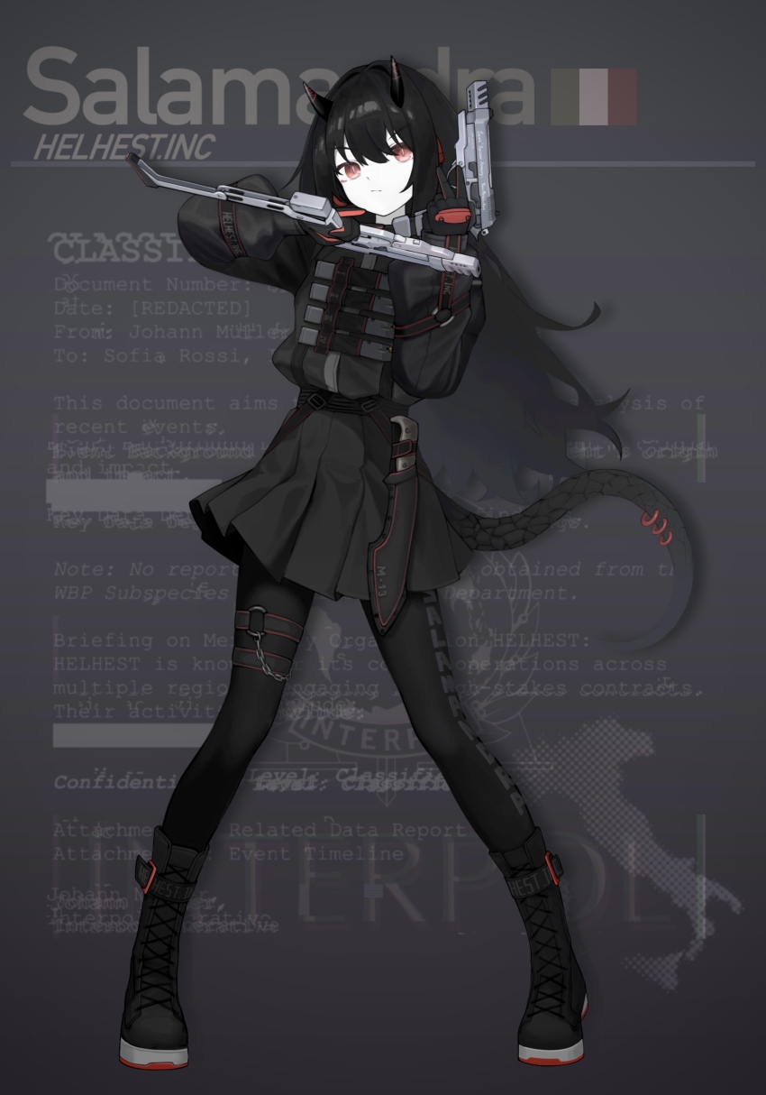 1girl absurdres ankle_boots beretta_93r black_boots black_gloves black_hair black_horns black_leggings black_pantyhose black_skirt boots character_name closed_mouth commentary dual_wielding english_commentary flag full_body gloves gun hair_between_eyes handgun hands_up highres holding holding_gun holding_weapon horns italian_flag italy jerry_wang knife lace-up_boots leggings legs_apart lizard_tail long_hair long_sleeves looking_at_viewer military_operator military_uniform o-ring o-ring_thigh_strap original pale_skin pantyhose piercing pleated_skirt puffy_long_sleeves puffy_sleeves red_eyes salamandra_(jerry_wang) sheath sheathed skirt solo standing tachi-e tactical_clothes tail tail_ornament tail_piercing thigh_strap trigger_discipline v v-shaped_eyebrows weapon weapon_request