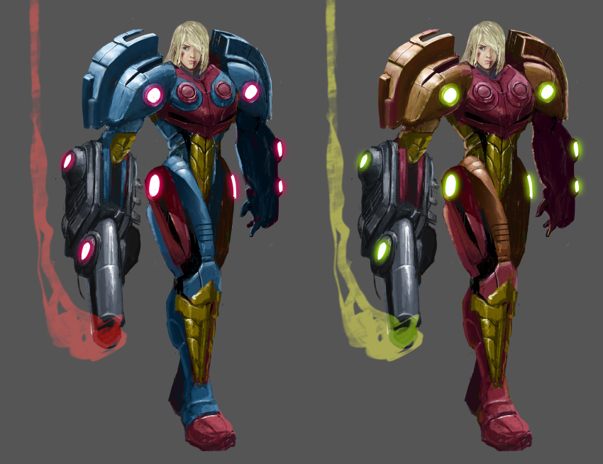 1girl arm_cannon armor assault_visor blonde_hair blue_eyes fusion_suit gloves glowing grey_background highres medium_hair metroid metroid_fusion nintendo omaruindustries power_armor power_suit power_suit_(metroid) samus_aran science_fiction shoulder_armor simple_background solo varia_suit weapon
