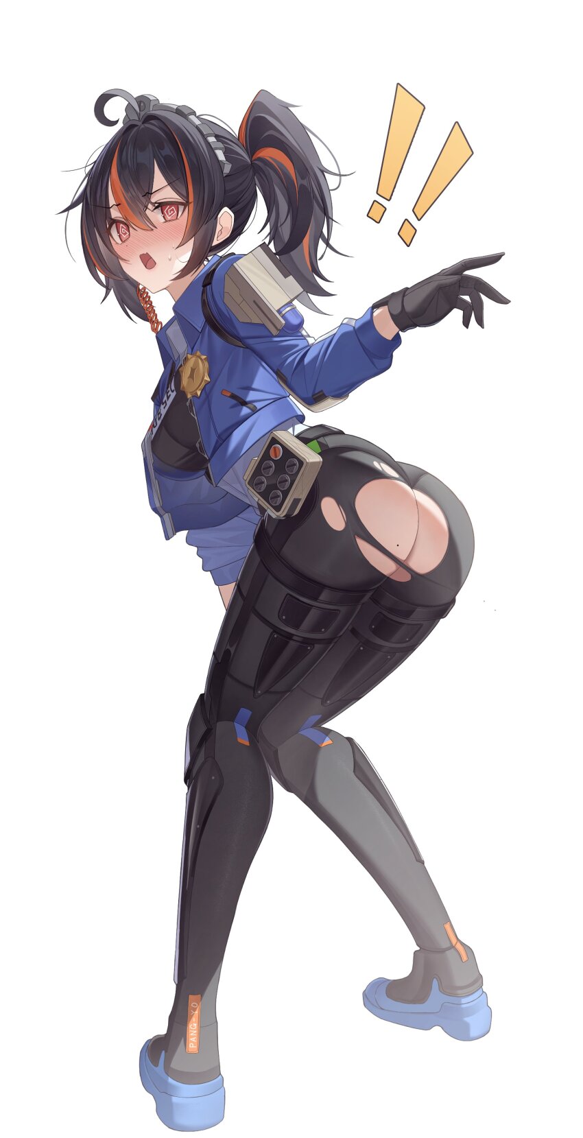 ! !! 1girl @_@ absurdres ass ass_focus black_gloves black_hair black_pants blue_jacket blush butt_crack fang from_behind from_side full_body gloves hair_between_eyes highres jacket long_hair looking_at_viewer looking_back metal_hairband multicolored_hair open_mouth orange_eyes orange_hair pang-yo pants police police_uniform policewoman ponytail sidelocks simple_background skin_fang solo standing streaked_hair sweatdrop torn_clothes torn_pants two-tone_hair white_background zenless_zone_zero zhu_yuan
