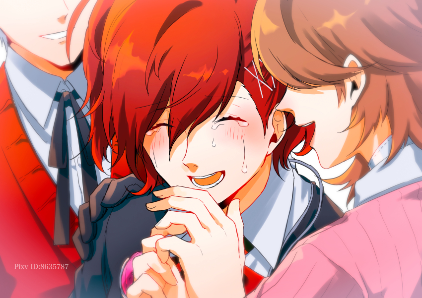 1boy 2girls absurdres brown_hair crying eme_(204) gekkoukan_high_school_uniform grey_hair hair_ornament hair_over_eyes hairclip highres multiple_girls persona persona_3 persona_3_portable red_hair ribbon sanada_akihiko school_uniform shiomi_kotone short_hair smile takeba_yukari