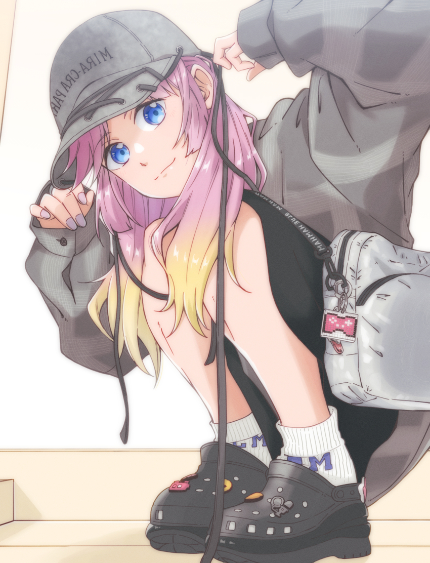1girl anyoji_hime arm_up bag black_footwear black_skirt blonde_hair blue_eyes closed_mouth commentary_request crocs donpa full_body gradient_hair grey_bag grey_hat grey_nails hat highres kurusu_rin link!_like!_love_live! long_hair looking_at_viewer love_live! mirrored_text multicolored_hair photo-referenced pink_hair real_life shoulder_bag sidelocks skirt slav_squatting smile socks solo split_mouth squatting swept_bangs virtual_youtuber voice_actor_connection white_socks