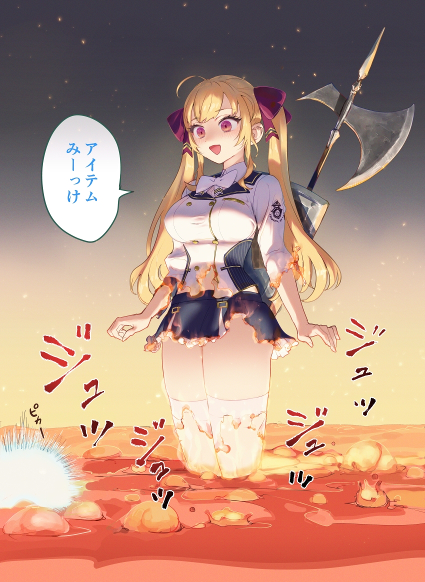1girl absurdres ahoge belt blonde_hair breasts burning_clothes commentary_request dark_souls_(series) dark_souls_i glowing halberd highres large_breasts lava long_hair nijisanji paid_reward_available polearm purple_eyes shield shield_on_back takamiya_rion takamiya_rion_(1st_costume) thighhighs translated twintails virtual_youtuber wada_(zes16) weapon weapon_on_back white_belt white_thighhighs