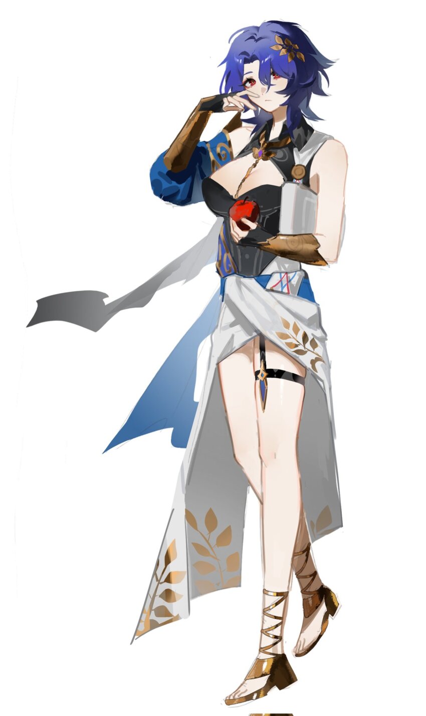 1girl apple asymmetrical_clothes black_gloves blue_hair breasts closed_mouth commentary_request corrupted_twitter_file dr._ratio_(honkai:_star_rail) fingerless_gloves food fruit full_body genderswap genderswap_(mtf) gladiator_sandals gloves high_heels highres holding holding_food holding_fruit honkai:_star_rail honkai_(series) looking_at_viewer medium_breasts red_eyes sandals simple_background solo standing suirandanshihao thigh_strap white_background