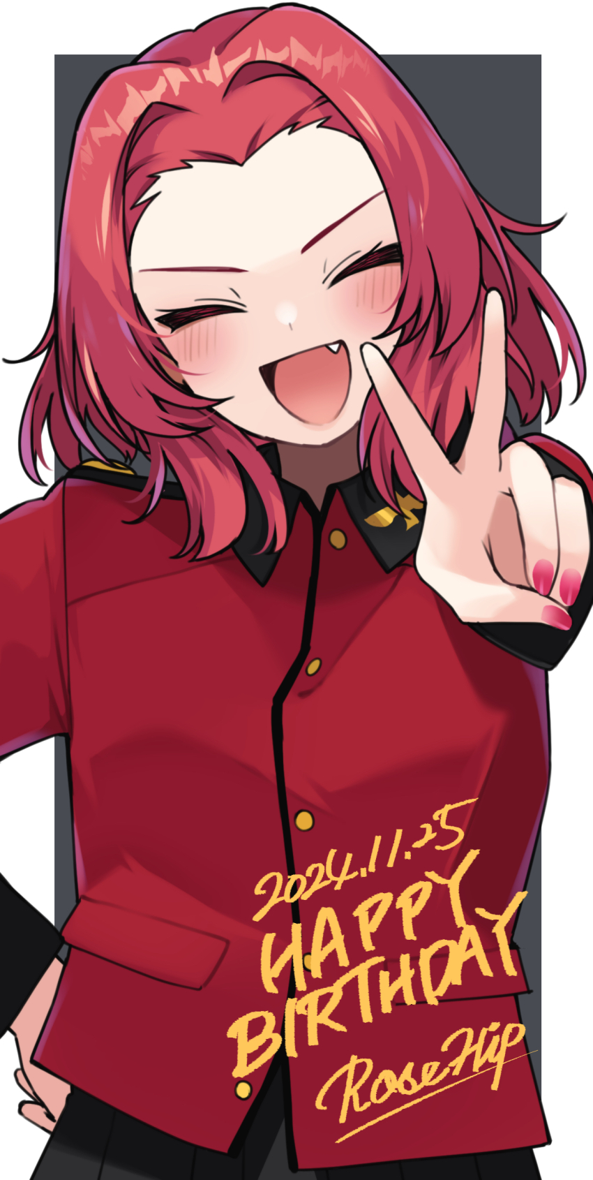 1girl absurdres black_skirt closed_eyes dated fang girls_und_panzer hand_on_own_hip happy_birthday highres jacket nail_polish pink_hair pink_nails red_jacket rosehip_(girls_und_panzer) short_hair skirt smile st._gloriana&#039;s_military_uniform v zono_(inokura_syuzo029)