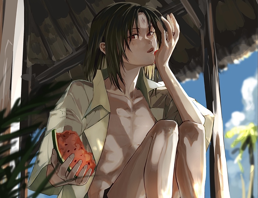 1boy alternate_costume commentary_request facial_mark fire_emblem fire_emblem:_path_of_radiance food forehead_mark fruit highres holding holding_food licking licking_hand long_hair male_focus nintendo open_clothes open_shirt red_eyes skinny solo soren_(fire_emblem) sutekina_yari tongue tongue_out watermelon watermelon_slice