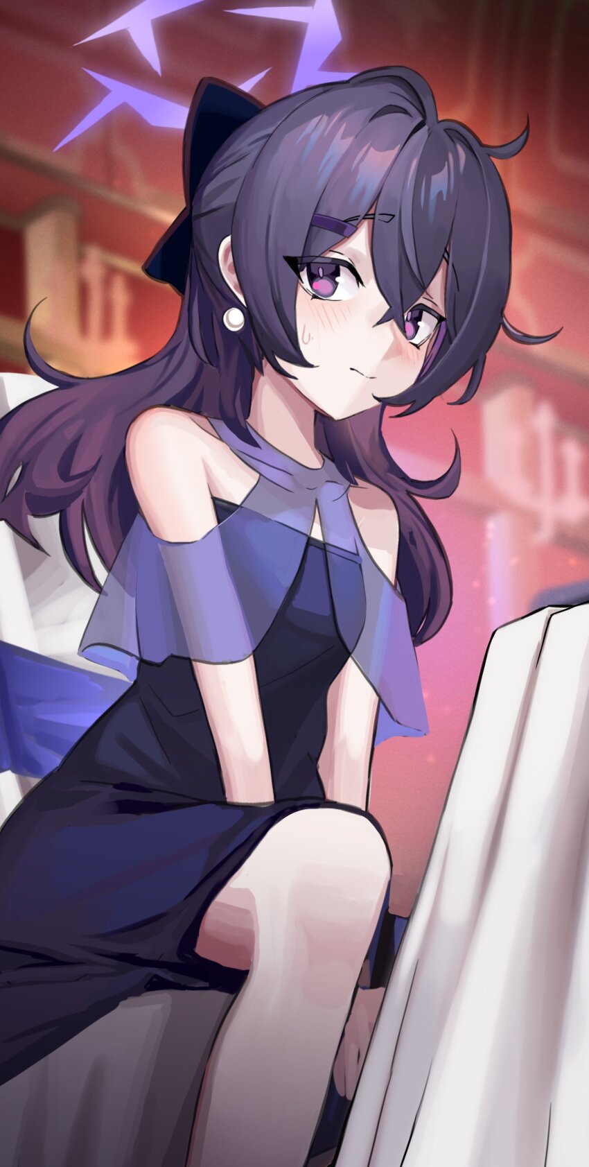 1girl absurdres blue_archive blush bow breasts closed_mouth dress earrings feet_out_of_frame franz2543 hair_between_eyes hair_bow hair_ornament hairclip halo haruka_(blue_archive) haruka_(dress)_(blue_archive) highres indoors jewelry long_hair official_alternate_costume purple_bow purple_dress purple_eyes purple_hair purple_halo sitting small_breasts solo