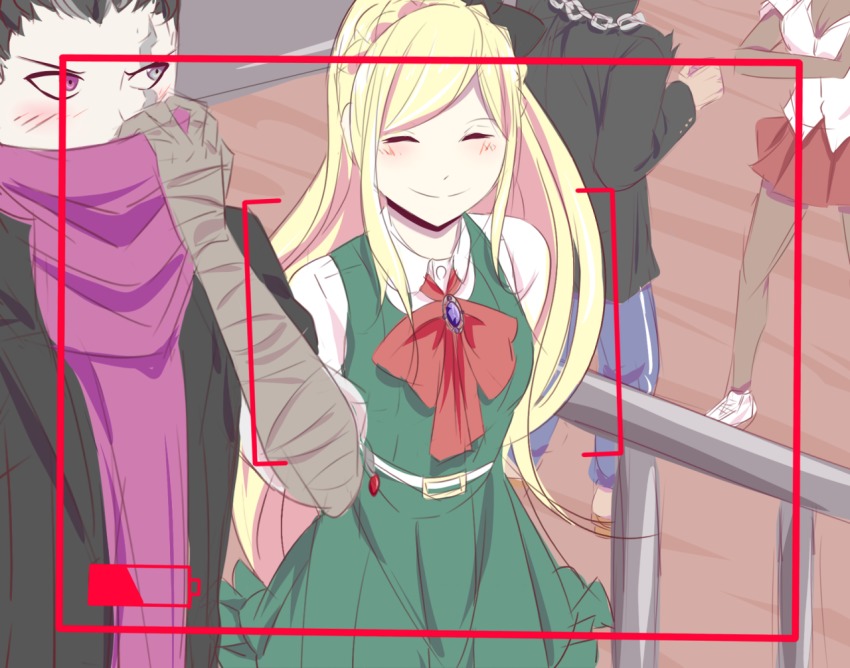 10s 1boy 2girls blonde_hair blush danganronpa_(series) danganronpa_2:_goodbye_despair dark-skinned_female dark_skin dress heterochromia multiple_girls nidai_nekomaru owari_akane scar skirt smile sonia_nevermind tanaka_gundam