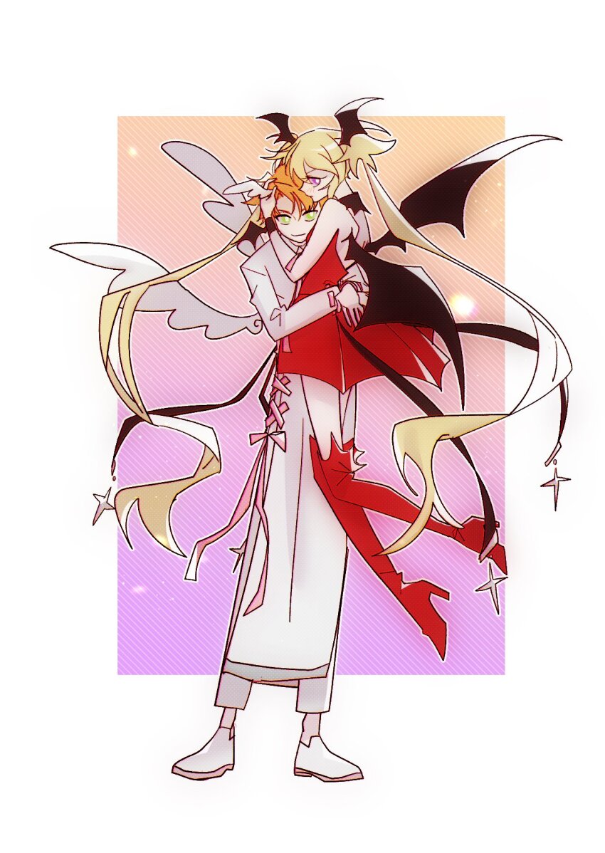 1boy 1girl blonde_hair boots border carrying carrying_person commentary_request dress full_body green_eyes high_heel_boots high_heels highres horns hoshina_utau lunatic_charm magical_girl orange_hair purple_eyes red_boots red_dress shoes shugo_chara! sidelocks smile souma_kuukai twintails white_border white_shoes wings yuzikoz_mega