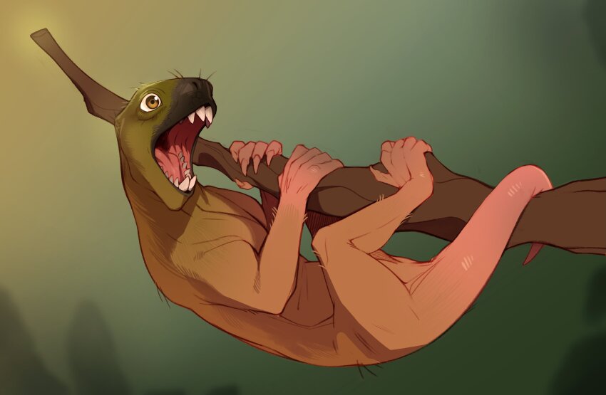 absurdres animal_focus branch brown_eyes brown_fur combos_&amp;_doodles highres holding holding_branch no_humans open_mouth original sharp_teeth solo suminia tail teeth
