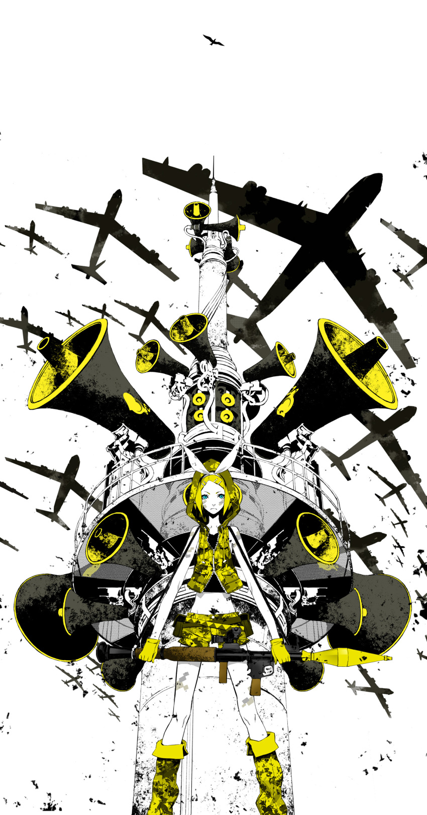 1girl absurdres aircraft airplane b-52_stratofortress belt bird blonde_hair blue_eyes bomber bow camouflage commentary_request gun hair_bow hair_ornament hair_ribbon hairclip highres holding holding_weapon hood hooded_jacket jacket kagamine_rin koi_wa_sensou_(vocaloid) military military_vehicle miwa_shirow multiple_belts official_art photoshop_(medium) ribbon rocket_launcher shorts simple_background sleeveless sleeveless_jacket solo vocaloid weapon white_background white_bow yellow_jacket yellow_shorts