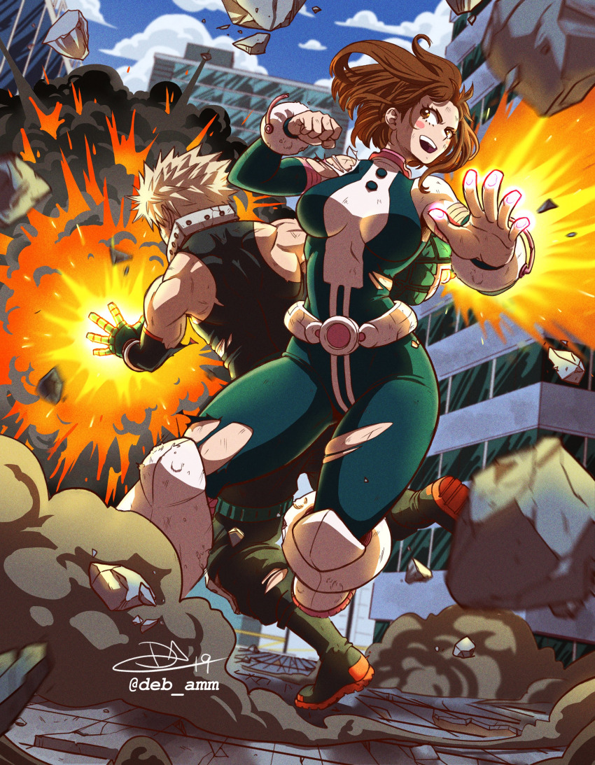 1boy 1girl absurdres bakugou_katsuki belt blonde_hair bodysuit boku_no_hero_academia boots breasts brown_eyes brown_hair debby-san dimples elbow_sleeve explosion fighting_stance floating floating_object gloves highres knee_pads medium_breasts medium_hair muscular muscular_male pants rock spiked_hair superhero_costume tank_top torn_bodysuit torn_clothes uraraka_ochako
