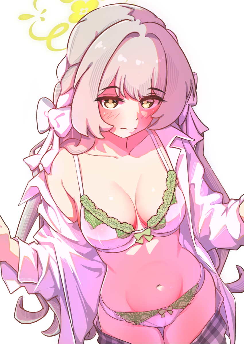 1girl absurdres blue_archive blush bow bow_bra bow_panties bra braid breasts breasts_apart cameltoe closed_mouth clothes_pull collarbone commentary_request cowboy_shot edan_(zero54238) green_bow grey_hair grey_skirt groin hair_bow hair_ribbon halo hands_up highres large_breasts long_hair long_sleeves looking_at_viewer miyo_(blue_archive) navel open_clothes open_shirt paid_reward_available panties plaid_clothes plaid_skirt ribbon ribbon_braid school_uniform shirt side_braid simple_background single_bare_shoulder single_off_shoulder skirt skirt_pull solo standing stomach thigh_gap underwear very_long_hair white_background white_bow white_bra white_panties white_ribbon white_shirt yellow_eyes yellow_halo