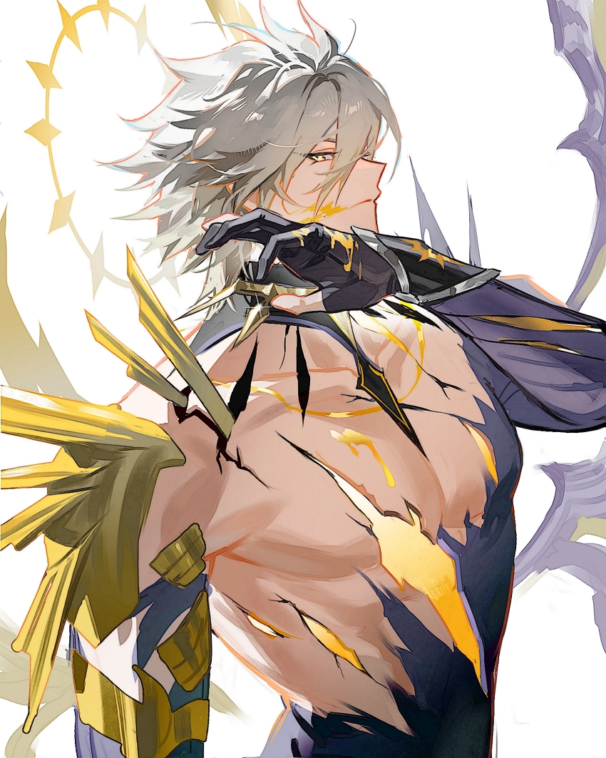 1boy armor asymmetrical_wings bare_pectorals black_gloves blonde_hair blood blood_from_mouth blood_on_face blood_splatter chinese_commentary commentary_request cracked_skin from_side gloves halo halo_behind_head highres honkai:_star_rail honkai_(series) liquid_gold looking_at_viewer male_focus partially_fingerless_gloves pectorals phainon_(honkai:_star_rail) profile shoulder_armor sideways_glance simple_background solo spoilers suirandanshihao toned toned_male white_background wings wiping_blood yellow_eyes