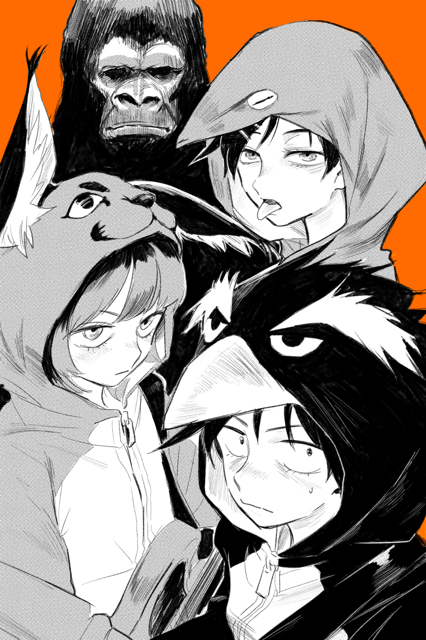 4girls animal_costume animal_ears animal_hood blush caracal_costume closed_mouth commentary electric_guitar fake_animal_ears fujii_ayame futsuu_no_keion-bu gorilla_costume greyscale_with_colored_background guitar guitar_strap hair_ornament hairpin hatono_chihiro heartbreak_(futsuu_no_keion-bu) highres hood hood_up instrument kouyama_rin multiple_girls mumumi orange_background penguin_costume sanpaku simple_background small_sweatdrop snake_costume tongue tongue_out uchida_momo upper_body