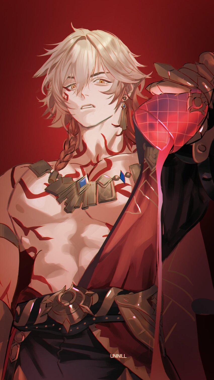 1boy abs absurdres alcohol blonde_hair chalice chest_tattoo coat cup drinking_glass earrings frown gold_earrings gold_necklace highres honkai:_star_rail honkai_(series) jewelry looking_down male_focus muscular muscular_male mydei_(honkai:_star_rail) neck_tattoo necklace open_clothes open_coat orange_eyes pouring red_background red_tattoo solo tattoo toned toned_male uninill_xx wine wine_glass