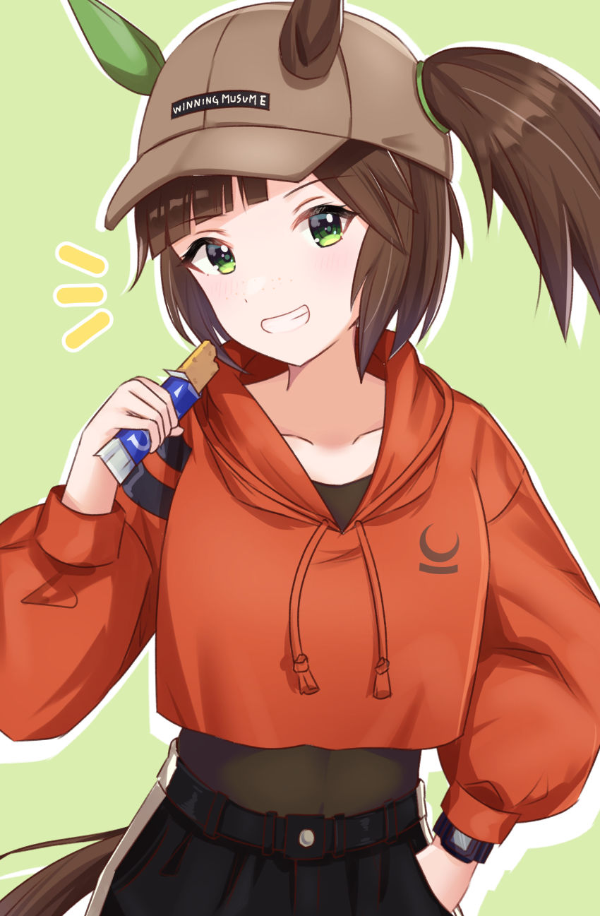 1girl absurdres animal_ears bodystocking breasts casual collarbone crop_top crop_top_overhang cropped_hoodie diagonal_bangs drawstring ear_covers food freckles grey_background grin hair_through_headwear hand_in_pocket head_tilt highres holding holding_food hood hoodie horse_ears horse_girl horse_tail ines_fujin_(umamusume) long_sleeves looking_at_viewer notice_lines orange_hoodie pants side_ponytail simple_background single_ear_cover smile tail track_pants umamusume upper_body visor_cap wasi
