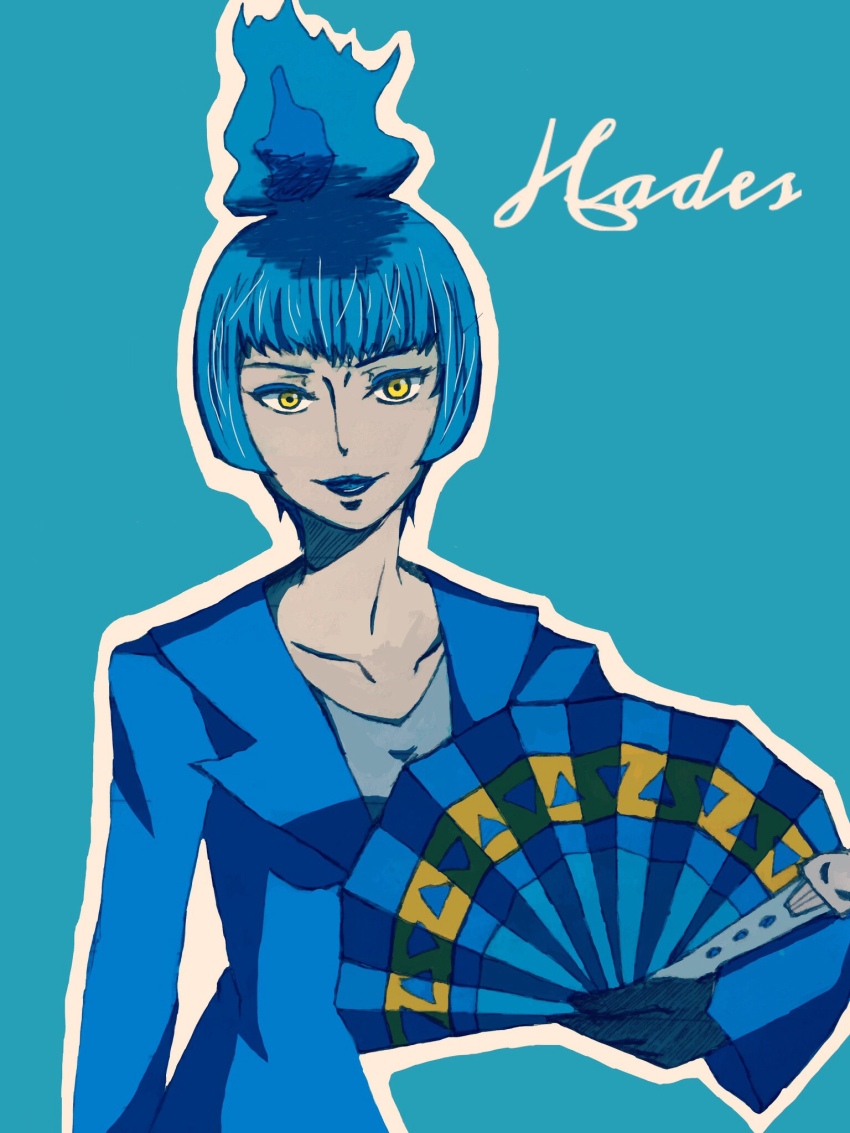 1girl animification black_gloves blue_fire blue_hair blue_lips disneyland fiery_hair fire formal_clothes gloves highres hinakey1221 lipstick long_sleeves looking_at_viewer makeup ms._hades smile solo