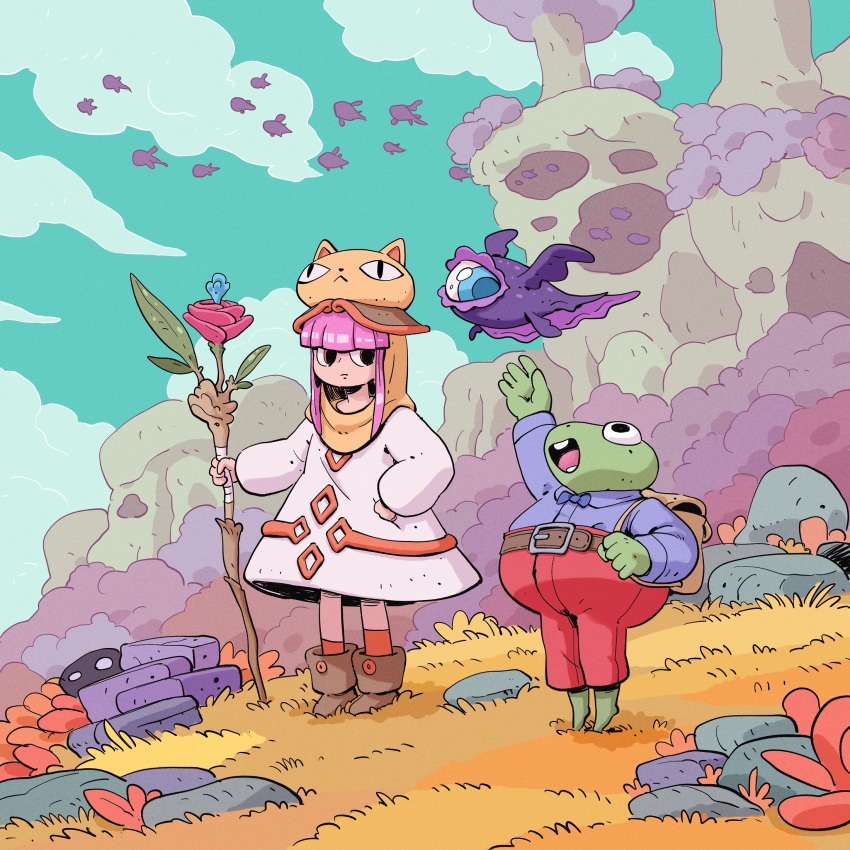 1boy 1girl animal_hat arm_up blue_sky blunt_bangs boots bow bowtie brown_bag brown_boots bush cat_hat cloud day dress fantasy fish flower flying_fish frog_boy full_body grass hat headpiece highres holding holding_staff migamigami nature on_grass one-eyed open_mouth outdoors pants pink_hair plant red_flower red_pants rock sky staff toon_(style) tree white_dress