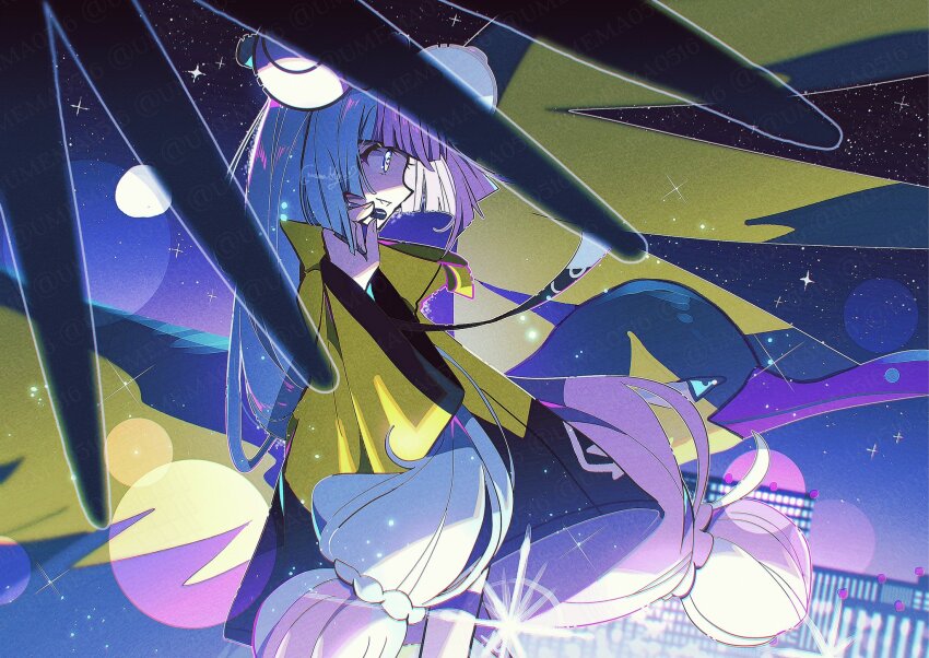 1girl adjusting_headset artist_name black_sash blue_hair blunt_bangs character_hair_ornament commentary cowboy_shot creatures_(company) fingernails from_side fukkatsu_no_maya game_freak gen_1_pokemon hair_ornament hand_up headset highres iono_(pokemon) jacket kilowattrel long_hair long_sleeves looking_ahead low-tied_long_hair low_twintails magnemite multicolored_hair multicolored_jacket night night_sky nintendo oversized_clothes parted_lips pink_hair pokemon pokemon_sv print_jacket profile sash signature sky sleeves_past_wrists sparkle split-color_hair star_(sky) twintails two-tone_hair two-tone_jacket very_long_hair watermark wide_sleeves yellow_jacket
