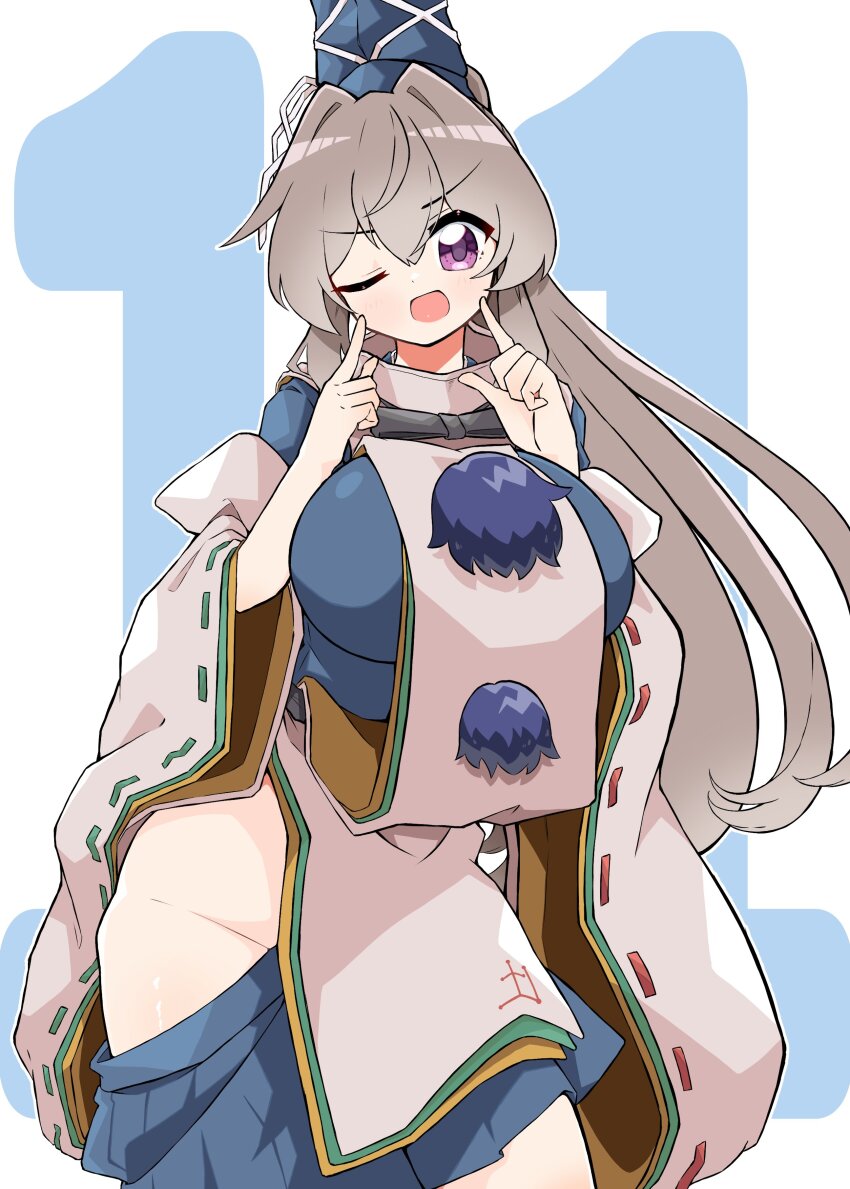 1girl absurdres alternate_breast_size black_bow black_bowtie blue_shirt blue_skirt blush bow bowtie breasts commentary_request cowboy_shot dated detached_sleeves gurajio hair_between_eyes hair_intakes hat high_ponytail highres impossible_clothes impossible_shirt index_finger_raised japanese_clothes kariginu large_breasts long_hair looking_at_viewer mononobe_no_futo one_eye_closed open_mouth pleated_skirt pom_pom_(clothes) ponytail ribbon-trimmed_sleeves ribbon_trim shirt skirt smile solo tabard tate_eboshi touhou v-shaped_eyebrows very_long_hair wardrobe_malfunction white_background white_shirt white_tabard wide_sleeves