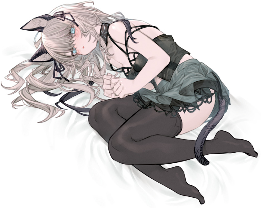 1girl animal_ears aqua_eyes arknights black_camisole black_ribbon black_thighhighs camisole cat_ears cat_girl cat_tail commentary_request curled_up elite_ii_(arknights) full_body green_skirt grey_hair hair_ribbon highres infection_monitor_(arknights) kochiya_(gothope) lace lace-trimmed_skirt lace_trim long_hair looking_at_viewer lying mint_(arknights) mint_(elite_ii)_(arknights) no_jacket no_shoes on_side open_mouth ribbon simple_background skirt solo tail thighhighs white_background
