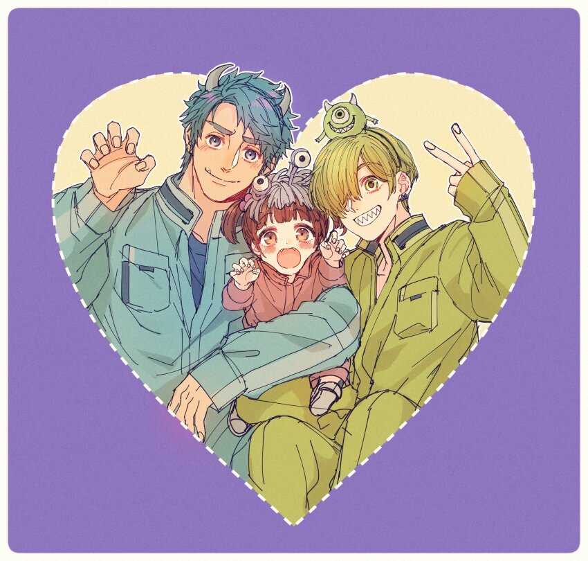 1girl 2boys animification blue_eyes blue_hair boo_(monsters_inc.) brown_hair child green_eyes green_hair highres horns humanization jacket james_p._sullivan mike_wazowski mizala monsters_inc. multiple_boys short_hair short_twintails smile twintails