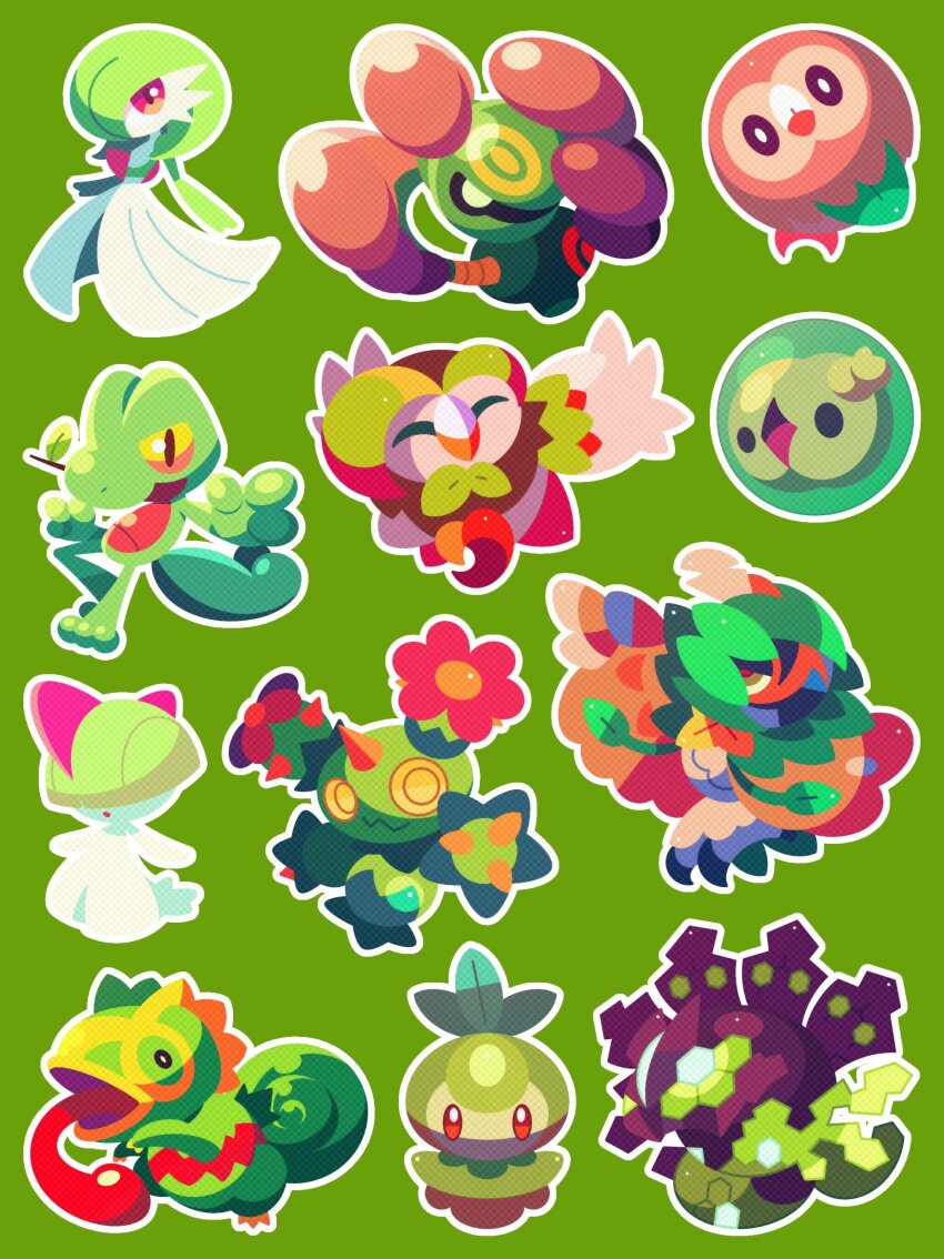 absurdres black_eyes bowl_cut colored_skin cradily creatures_(company) dartrix decidueye diamond_mouth full_body game_freak gardevoir gen_3_pokemon gen_5_pokemon gen_6_pokemon gen_7_pokemon green_background green_hair green_skin green_theme hair_over_eyes hair_over_one_eye highres kecleon legendary_pokemon long_tongue maractus multicolored_skin nintendo outline petilil pink_eyes pokemon pokemon_(creature) pokemon_focus ralts red_eyes rowlet shichi_(7cube_ori) simple_background solosis tongue tongue_out treecko two-tone_skin white_outline white_skin yellow_eyes zygarde zygarde_(50)