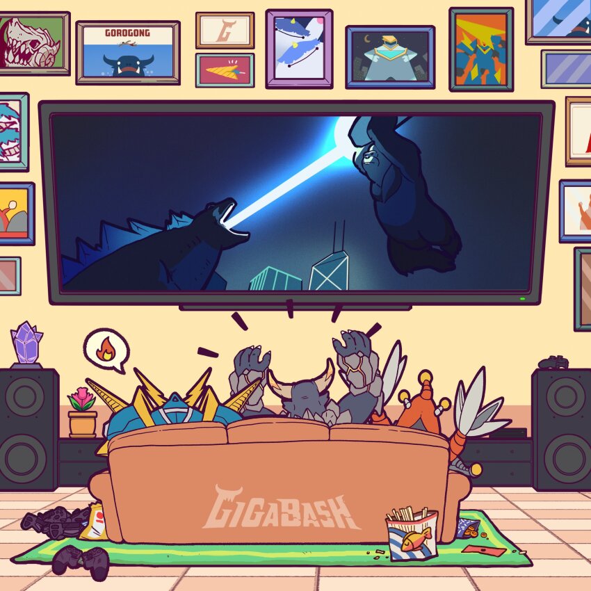 absurdres alien antennae ape artist_request atomic_breath axe bank_of_china_tower battle_axe bone bone_axe bone_weapon breath_weapon building burning_axe carpet chibi controller couch crossover crystal energy energy_beam english_text fire fire_elemental flaming_weapon flat_screen_tv flower food game_controller gigabash gigaman glowing glowing_axe glowing_veins glowing_weapon godzilla godzilla_(series) godzilla_vs._kong gorilla gorogong highres horns kaiju king_kong king_kong&#039;s_battle_axe king_kong_(series) lava legendary_pictures logo mecha monsterverse mouth_beam multiple_crossover neon_lights night no_humans official_art passion_republic_games pipijuras plasma plasma_beam rawa real_world_location robot seijin skorak skyscraper space_monster speaker spikes superhero_costume supervillain sword television thundatross toho tower tusks veins weapon woolley yellow_eyes
