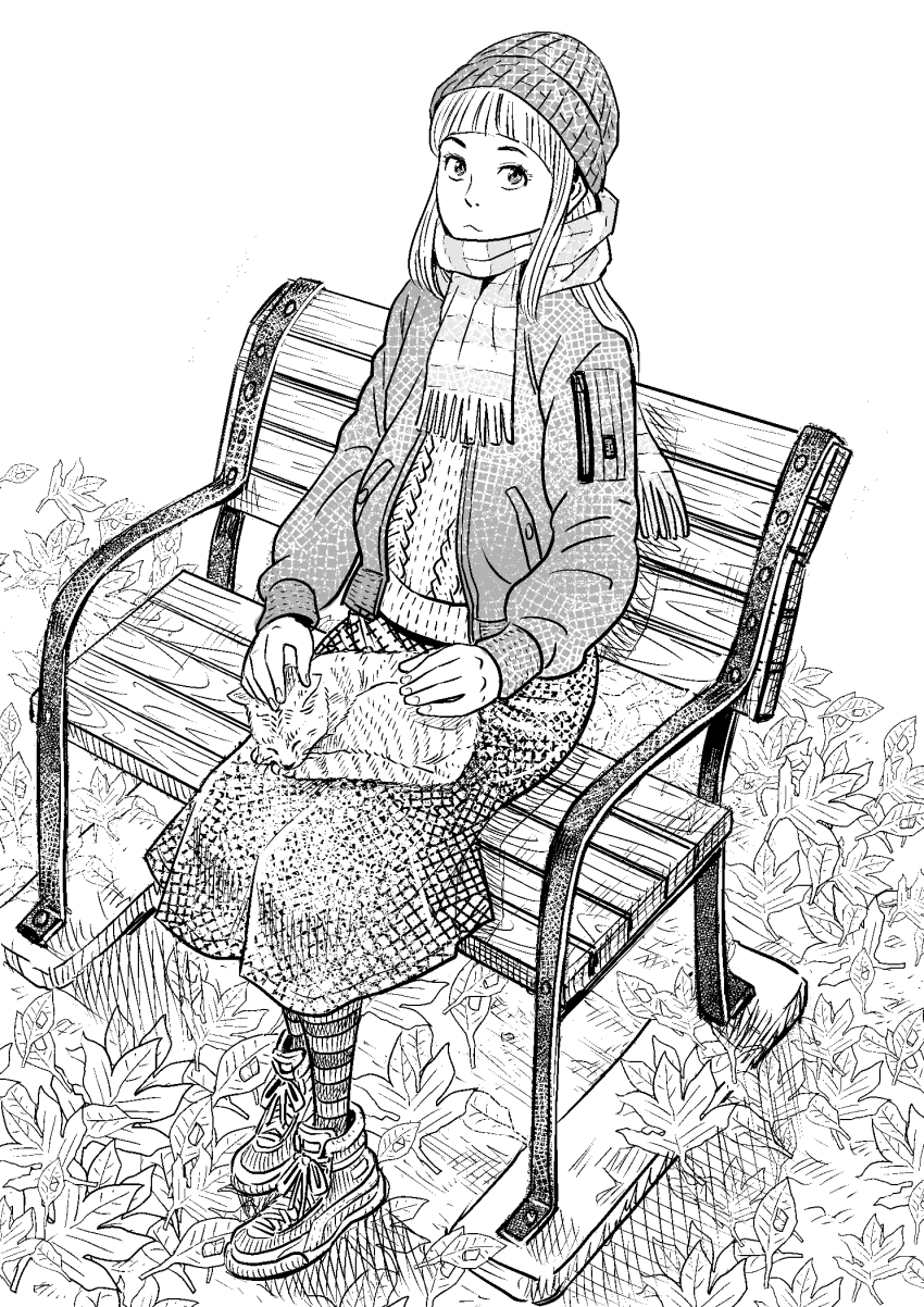1girl animal animal_on_lap autumn_leaves bench cat cat_on_lap day greyscale highres imajun leaf long_hair long_sleeves monochrome on_lap original outdoors pantyhose scarf shoes sitting skirt skullcap sleeping sneakers striped_clothes striped_legwear striped_pantyhose sweater