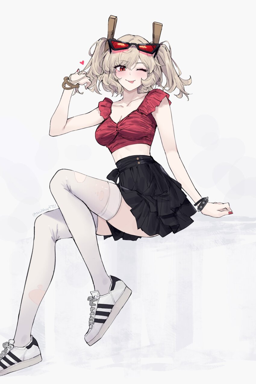 1girl ;p adidas adidas_superstar alternate_costume black_skirt blonde_hair bracelet breasts burnice_white collarbone commentary crop_top eyewear_on_head feint721 fingernails full_body hand_up heart high-waist_skirt highres jewelry large_breasts light_blush looking_at_viewer nail_polish one_eye_closed orange_eyes red-tinted_eyewear red_nails red_shirt shirt shoes short_hair sitting skirt smile sneakers solo sunglasses tehepero thighhighs thighs tinted_eyewear tongue tongue_out torn_clothes torn_thighhighs twintails twitter_username white_background white_shoes white_thighhighs zenless_zone_zero