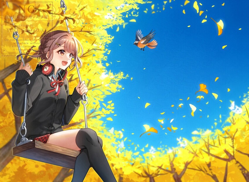 1girl :d animal bird black_cardigan black_thighhighs blue_sky brown_eyes brown_hair cardigan collared_shirt commentary_request day dress_shirt english_text feet_out_of_frame ginkgo_leaf ginkgo_tree hair_ornament hairclip hands_up headphones headphones_around_neck highres knees_together_feet_apart leaf long_hair long_sleeves neck_ribbon nekozuki_yuki on_swing open_mouth original outdoors over-kneehighs plaid_clothes plaid_skirt puffy_long_sleeves puffy_sleeves red_ribbon red_skirt ribbon shirt sitting skirt sky sleeves_past_wrists smile solo swing thighhighs watermark white_shirt